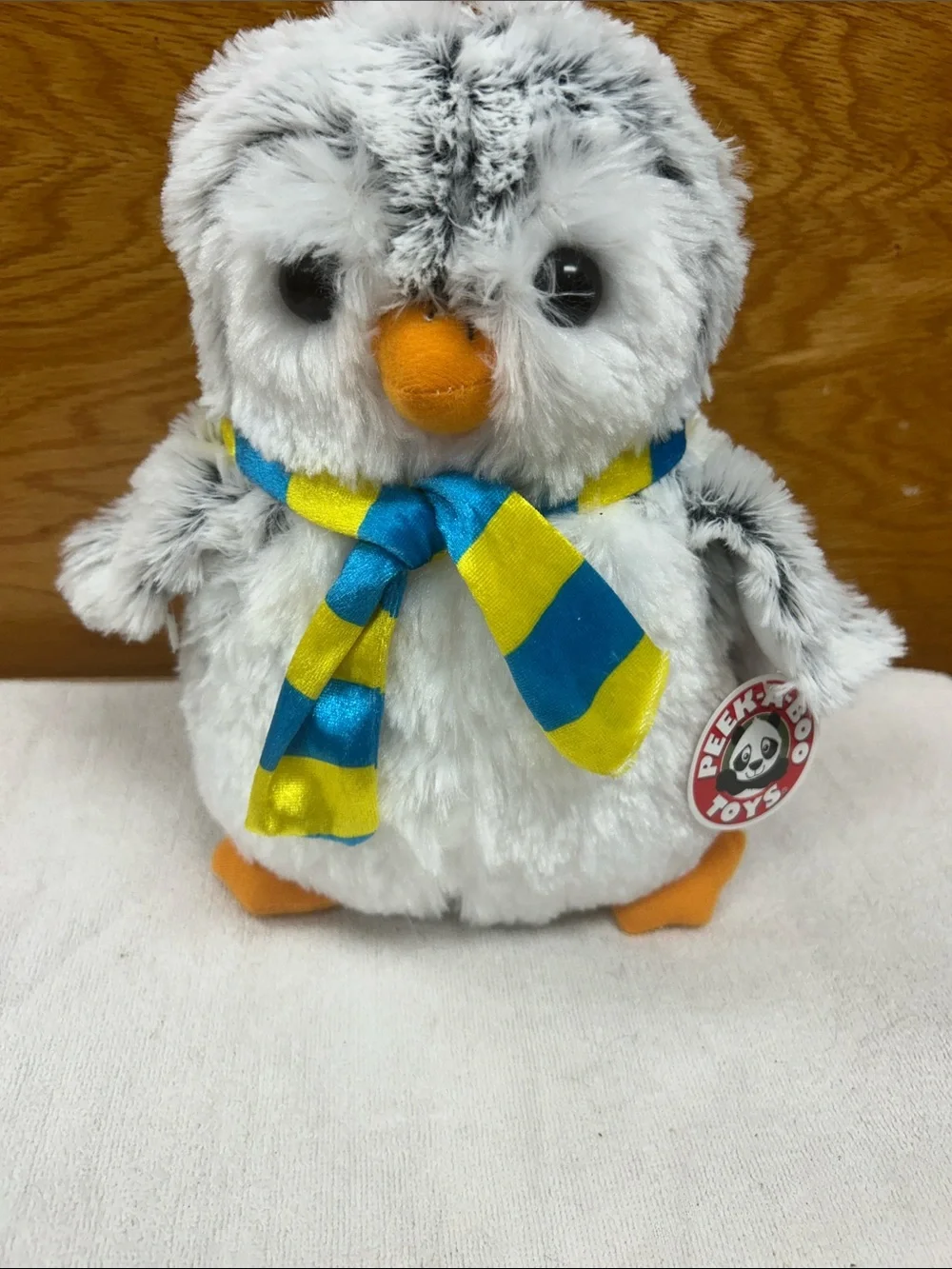 Peek-a-boo Plush White Penguin with Blue & Yellow Scarf - Soft Small Pet Toy